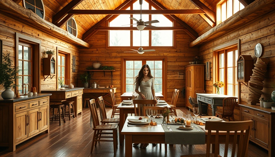 Cozy dining room with wooden elements and blurred woman.