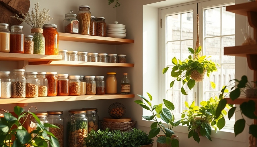 Stylish storage solutions in a bright pantry with glass jars and plants.