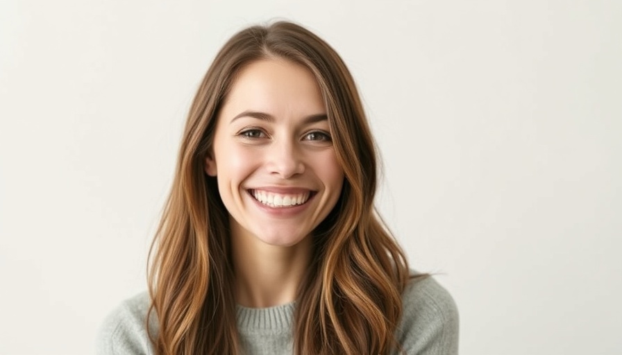 Smiling woman in a red floral pattern top, photorealistic portrait.