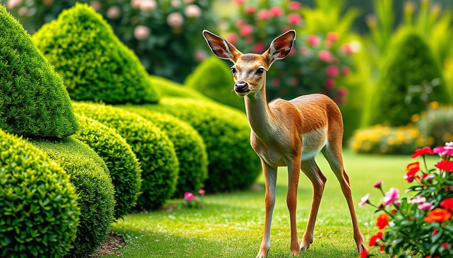 Young deer in a lush garden setting with flowers and bushes.