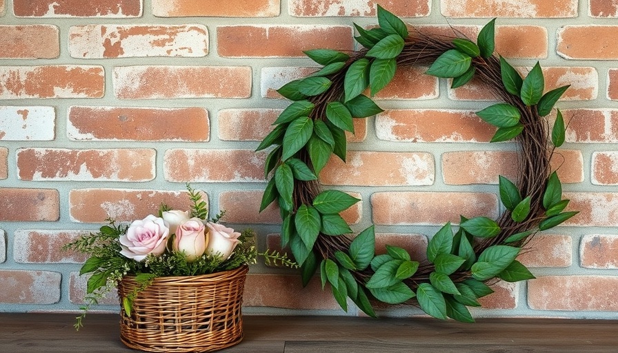 Rustic spring decor with wreath and flowers on brick wall.