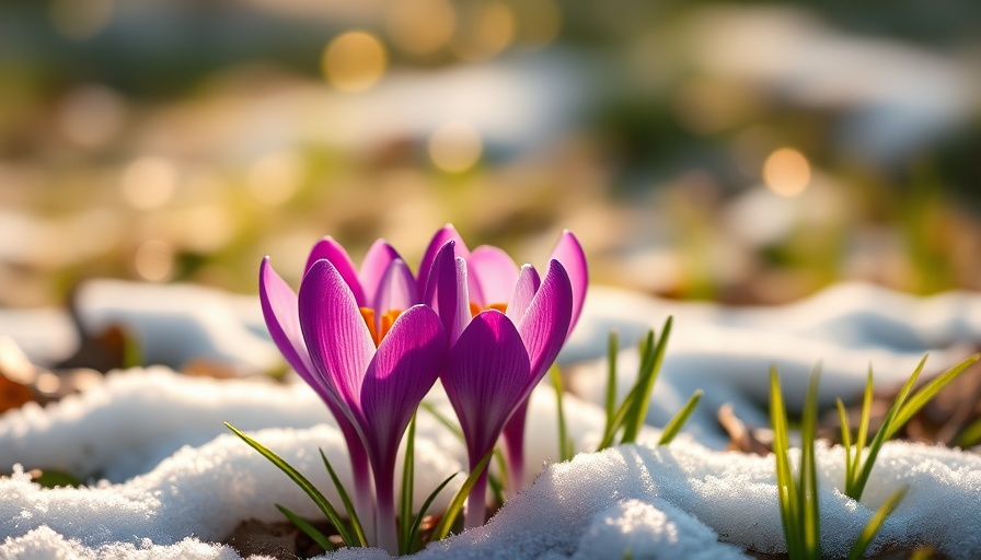 Purple crocuses blooming in snow, winter flowers in sunlight.