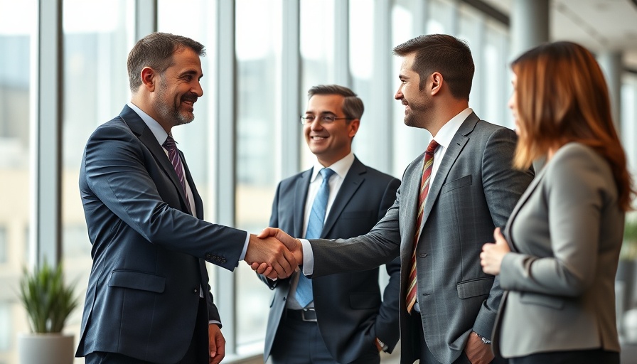 Business professionals sealing deal in bright modern office.