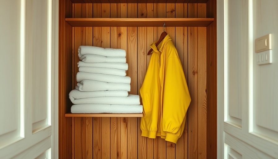 Cedar-lined closet with towels and yellow jacket in rustic interior.