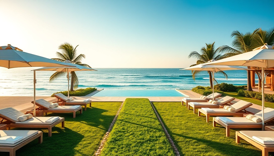 Luxurious beachfront resort in Mexico with sun loungers and ocean view.