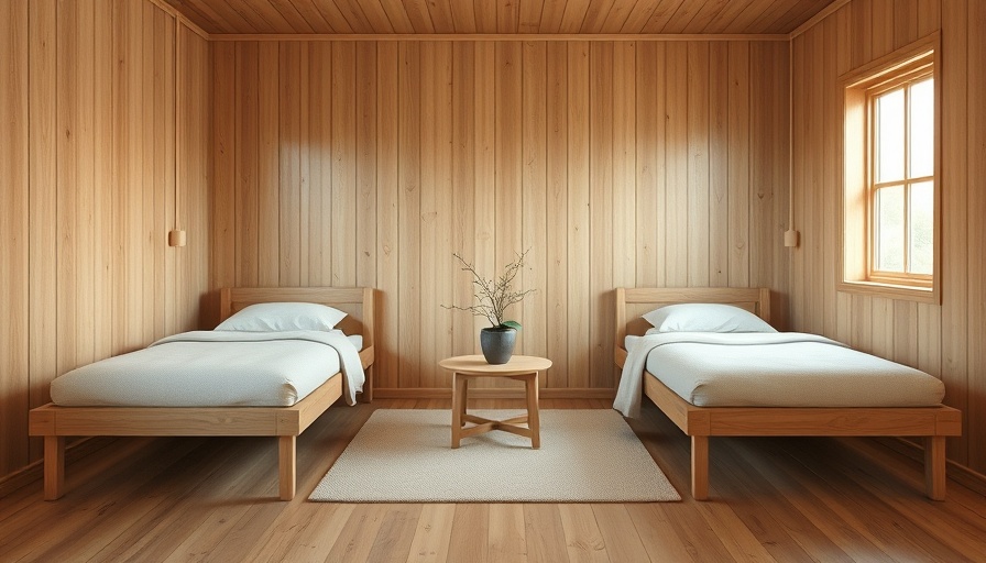 Minimalist wooden bedroom design for spring trends 2025, featuring two beds and a plant.