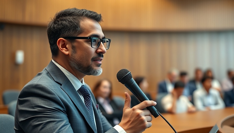 Formal setting with focused man adjusting microphone.