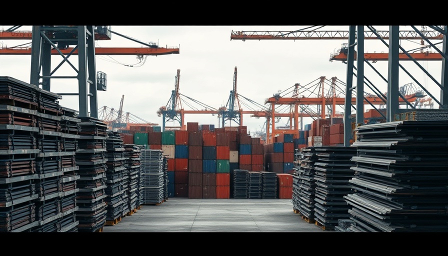 Industrial port with metal sheets related to Trump's tariffs on Canadian metals.
