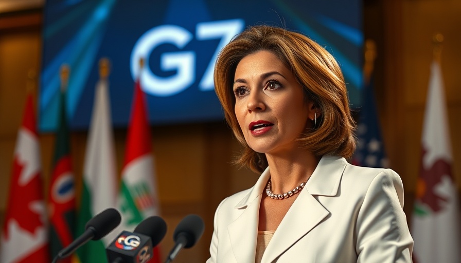 Female diplomat discusses G7 sanctions on Russia ceasefire at press conference.