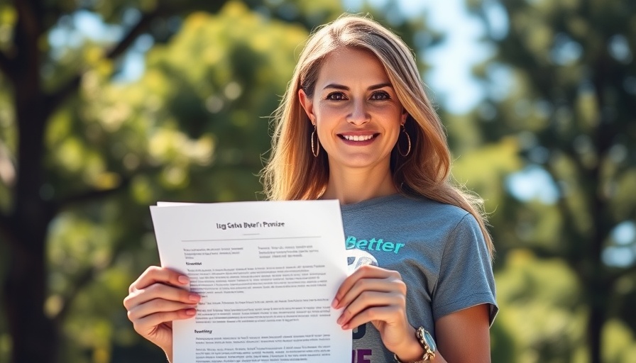Supportive woman showcasing suicide safety initiative document outdoors