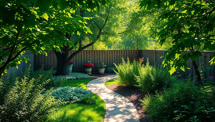 Charming backyard trail design with lush greenery and sunlight.