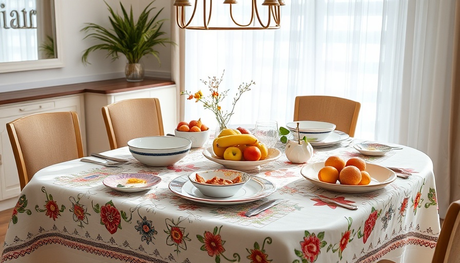 Artistic hand embroidered tablecloth with colorful table setting.