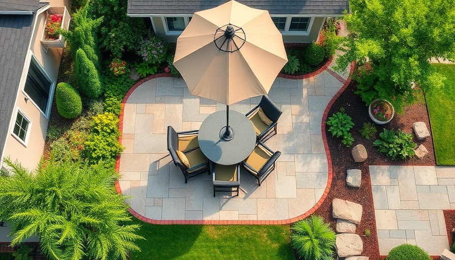 Aerial view of hardscaping in a backyard patio with seating and greenery.