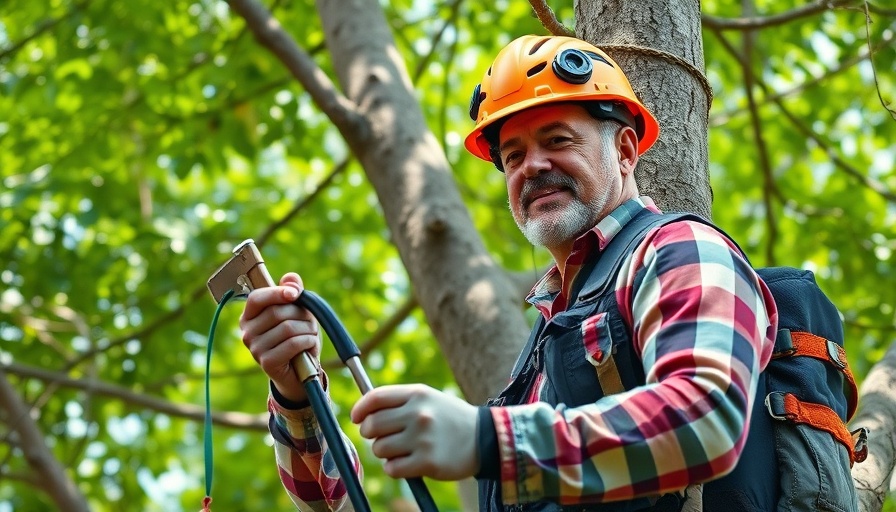 Arborist Steve Castrogiovanni inspecting gear in a lush environment.