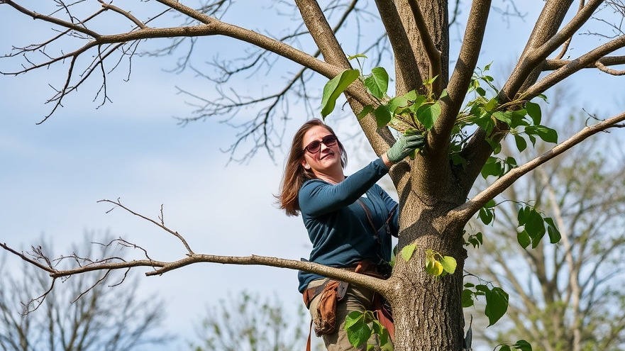 Urban woman arborist expertly pruning a lush green tree