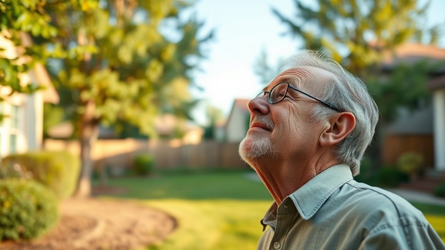 Middle-aged homeowner relieved in a cleared yard, showcasing tree care and health.