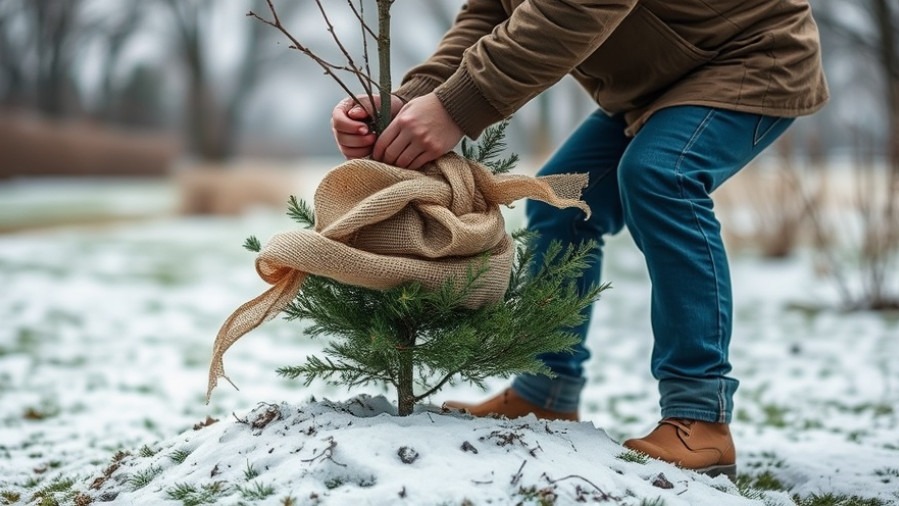 Homeowner safeguarding shrubs with burlap for winter plant protection.