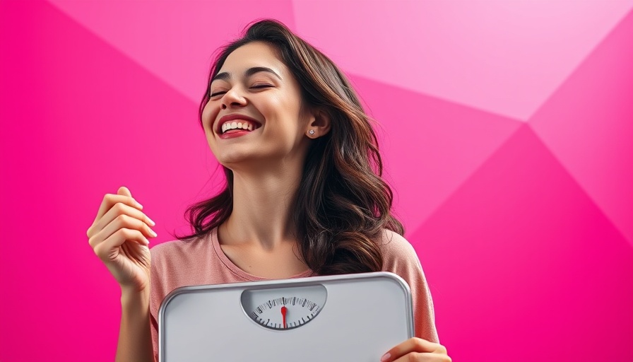 Cheerful woman with scale, celebrating success in 5:2 diet for weight loss.