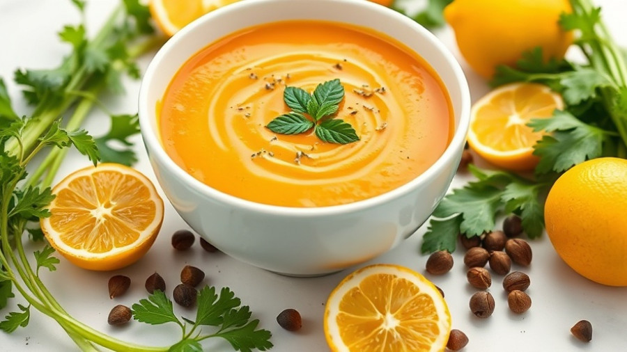 Bowl of nutritious orange soup with herbs, ideal for type II diabetes recipes.