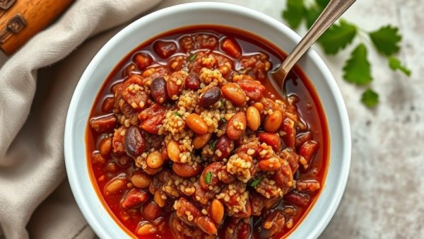 Savory three-bean quinoa chili in a bowl with a spoon.