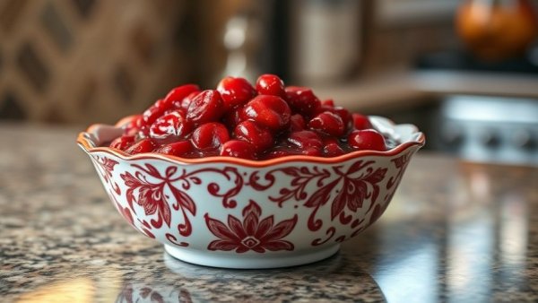 Low-carb cranberry sauce in ornate bowl on granite countertop.