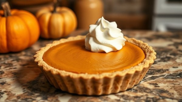 Low carb vegan pumpkin pie with coconut cream on marble counter.
