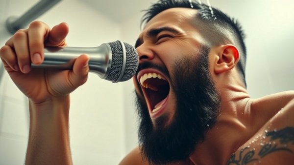 Man singing in shower, illustrating how baths and showers affect mood.