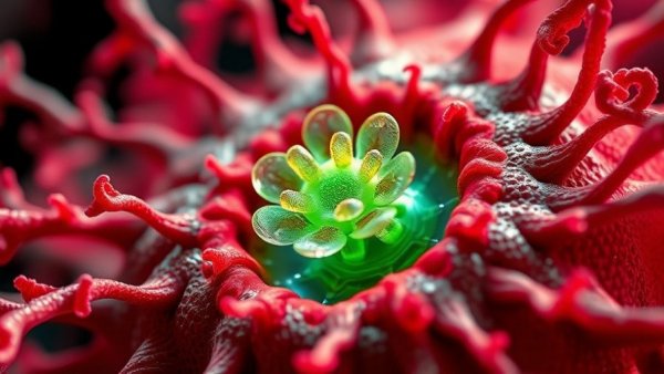 Detailed 3D rendering of cell structure highlighting receptors.