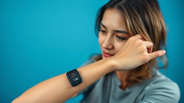 Woman with CGM device showing 62 mg/dL alert in photorealistic style.