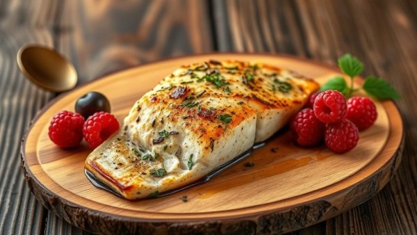 Gourmet baked fish and berries, rustic presentation. Dinner foods that melt belly fat.