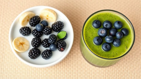 Colorful breakfast bowls with fruits and green smoothie, healthy choice for non-diabetic A1C.
