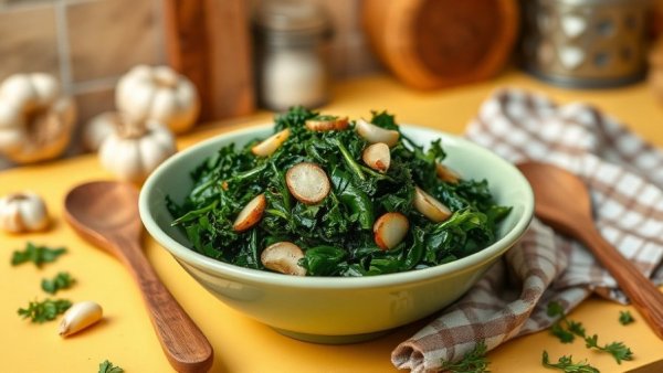 Garlic-sauteed kale recipe with crispy garlic and rustic kitchen.