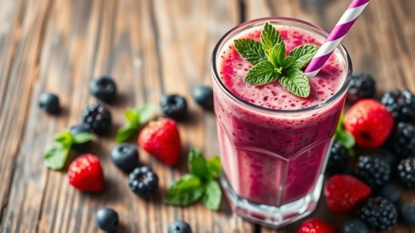 Vibrant smoothie with blackberries and mint for lifestyle change to lower blood sugar.