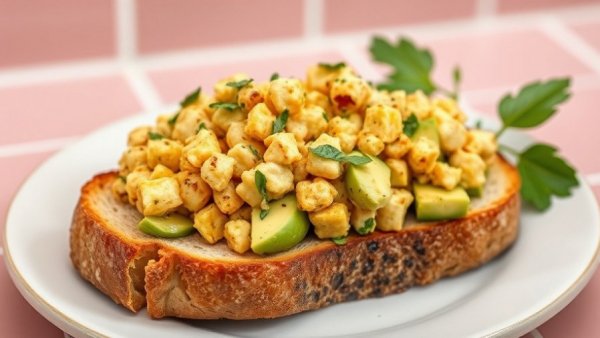Diabetic diet plan: Tasty avocado toast with scrambled tofu on a plate.