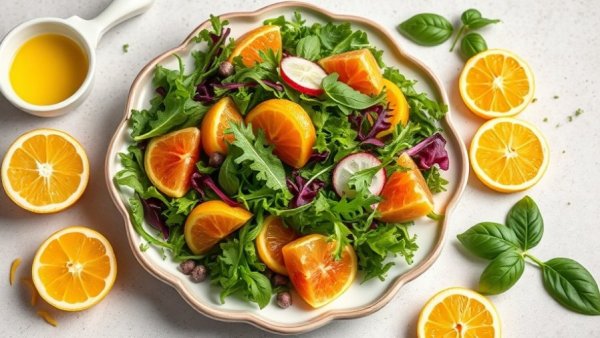 Colorful citrus arugula salad with dressing on a styled plate.