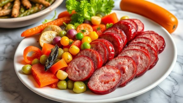 Diabetes-friendly recipes: vibrant sausage and veggie dish on white plate.