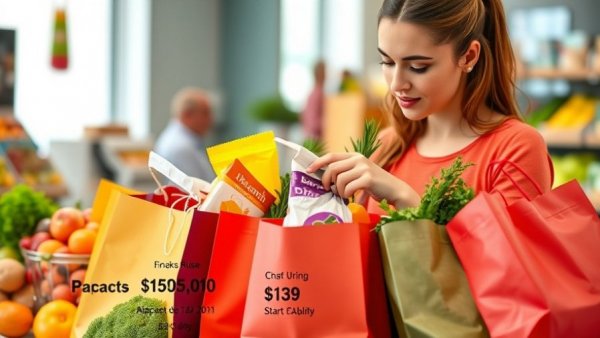 Grocery haul review with snacks and healthy produce, vibrant layout.