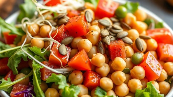 Healthy salad with chickpeas, tomatoes, and sprouts for reverse type II diabetes.