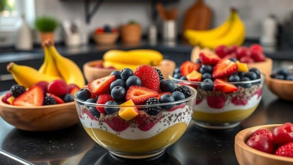 Healthy fruit bowls with chia seeds and berries promoting reverse type II diabetes diet.