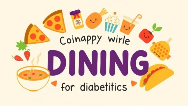 Cheerful illustration of foods and text promoting diabetic diet community engagement.