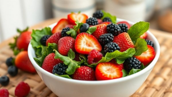 Nutritious berry salad with strawberries and greens to help reverse type II diabetes.