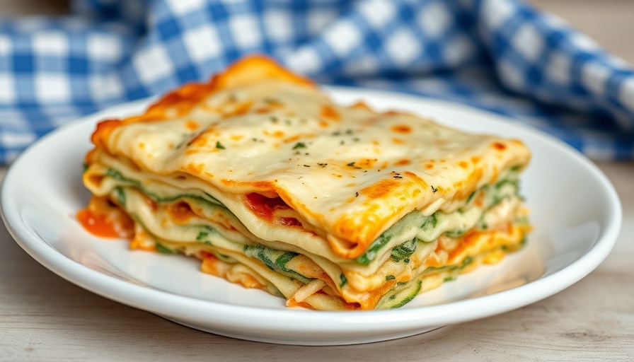 Low carb zucchini lasagna topped with melted cheese in close-up.