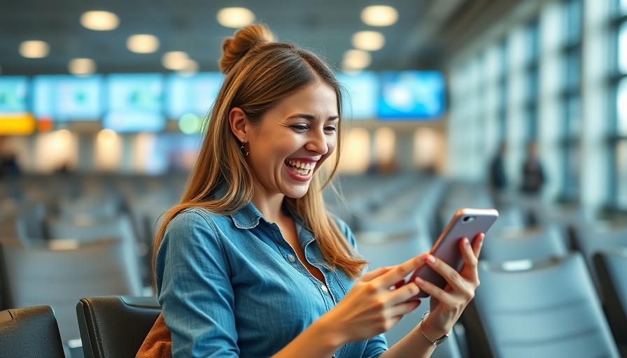 Woman celebrating with phone for lower A1C tips in airport seating.