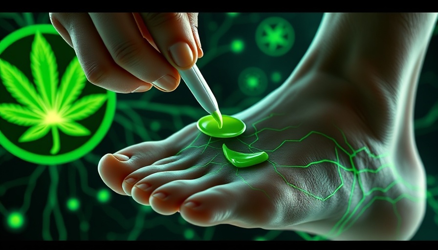 THC cream applied on foot for neuropathic pain relief, futuristic illustration.