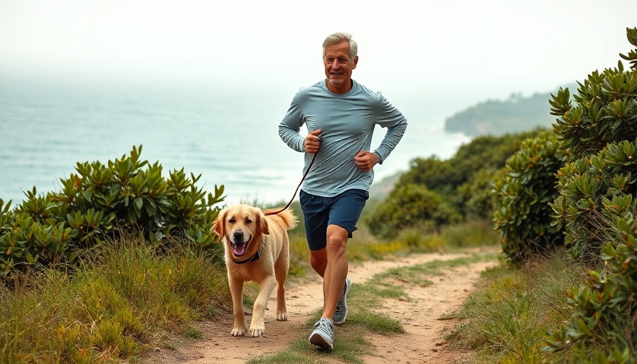 Man jogging with dog beside ocean, insulin and carb adjustments for type 1 diabetes workouts.