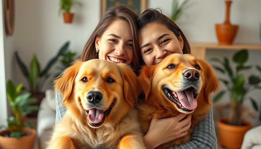 Smiling woman holding golden dog indoors promoting 'More Carbs, Less Insulin'.