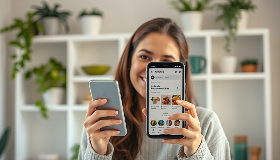 Woman holding phone displaying Glucose Guide Nutrition Assistant app.