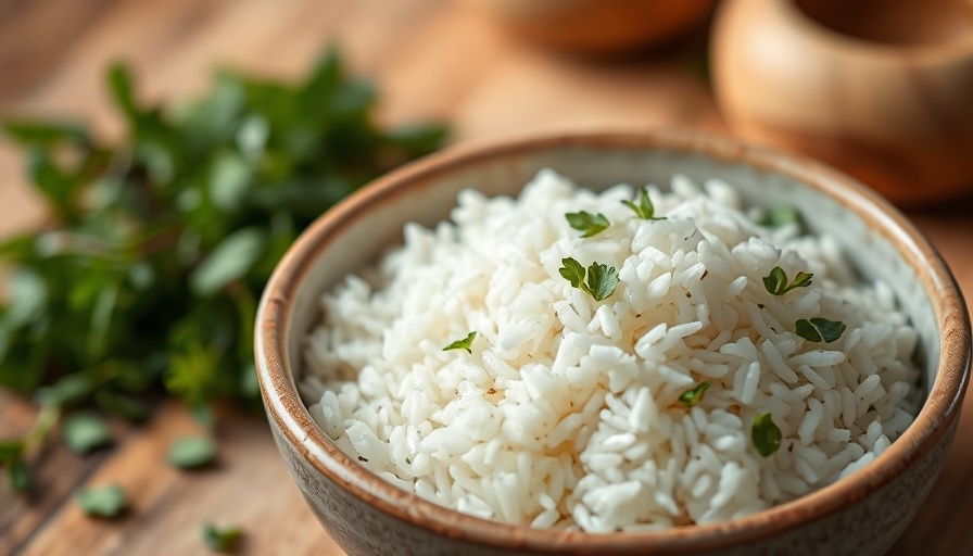 Bowl of white rice on a table with herbs in soft focus.