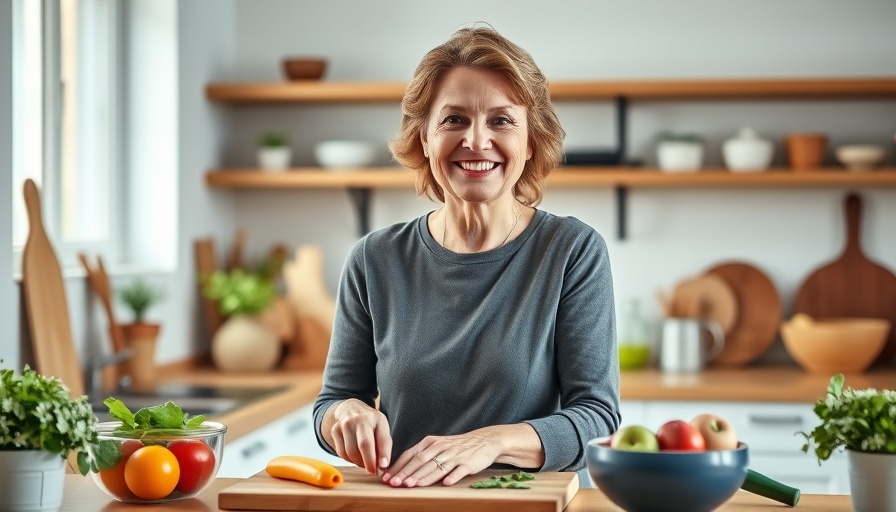 Smiling woman in kitchen promoting reverse dieting for menopausal women.