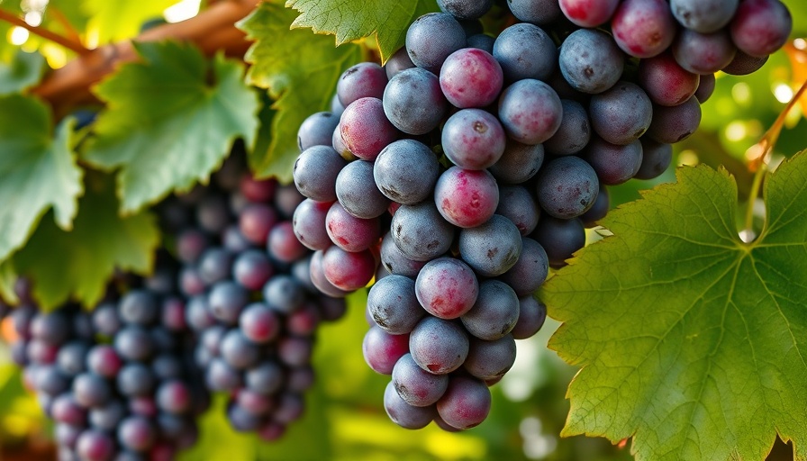 Close-up of purple grapes on vine with green leaves, social media style.